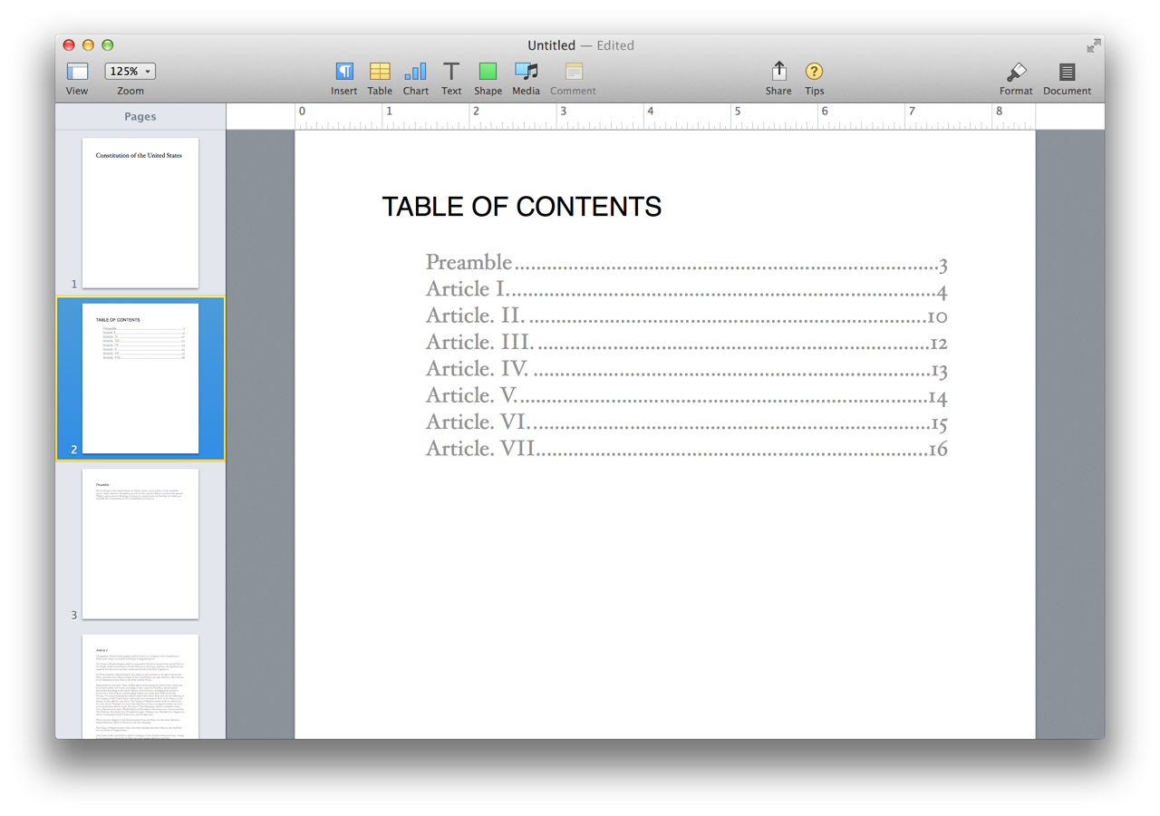 The completed Pages document. In the process, the sections of the Omni Outliner document become sections in the Pages document. Optionally, the script can generate a Table of Contents.