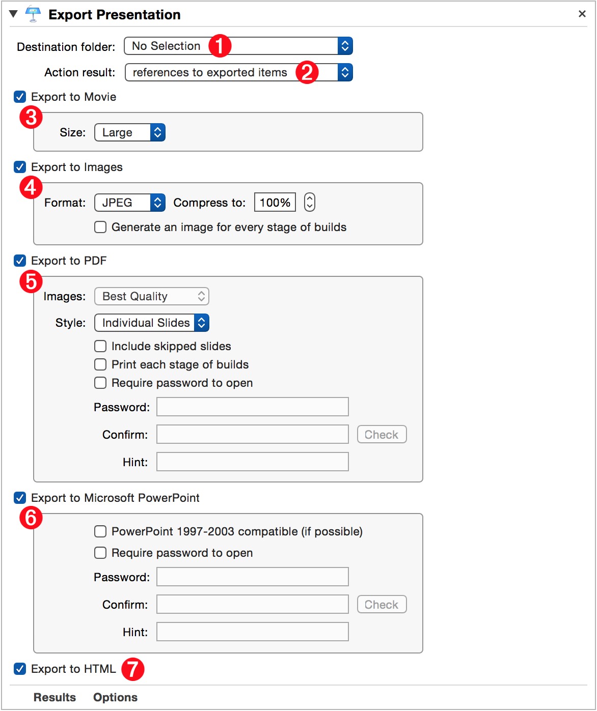 The “Export Presentation” action interface