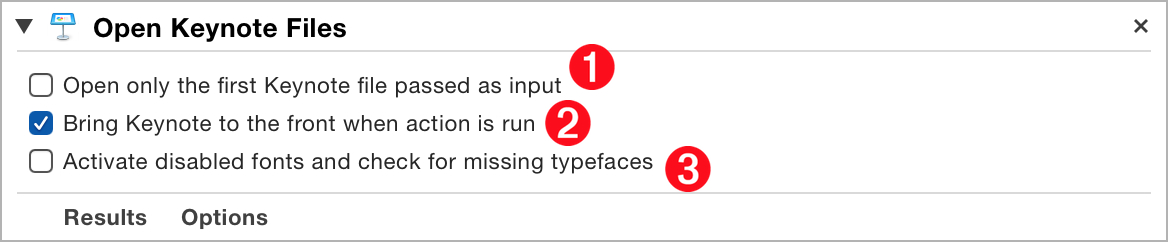 The “Open Keynote Files” action interface.