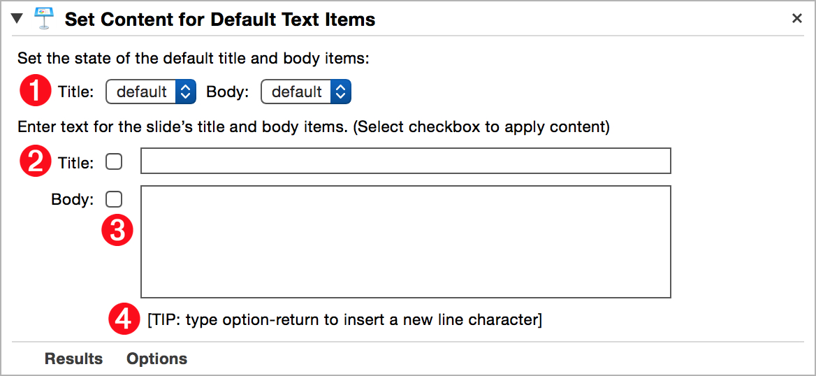 The interface for the Set Contents for Default Text Items action