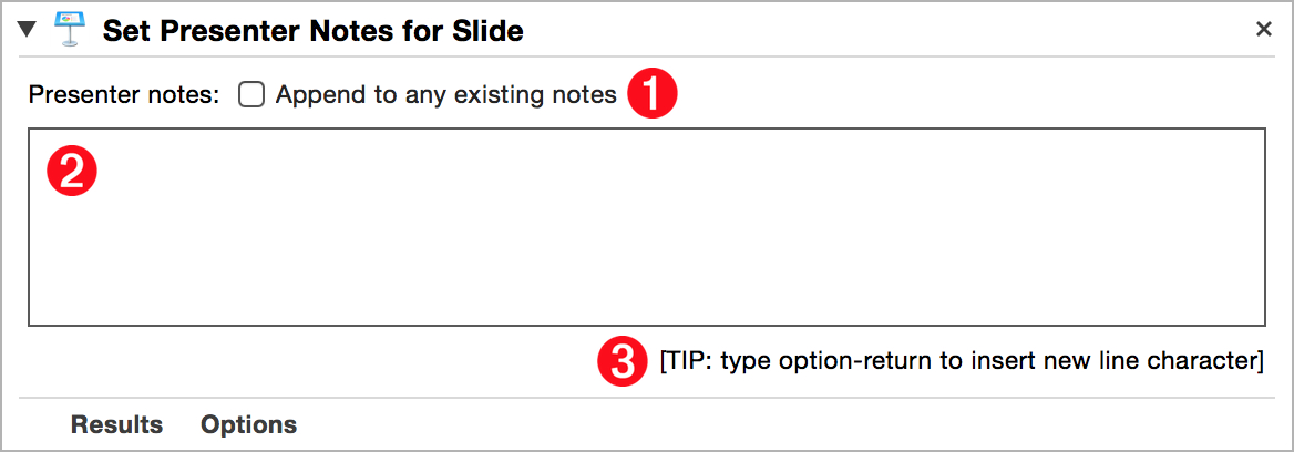 The interface for the Set Presenter Notes for Slide action