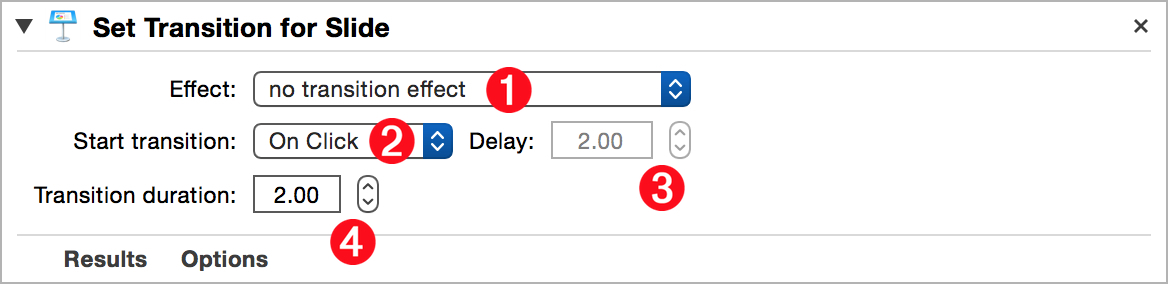 The interface for the Set Transition for Slide action