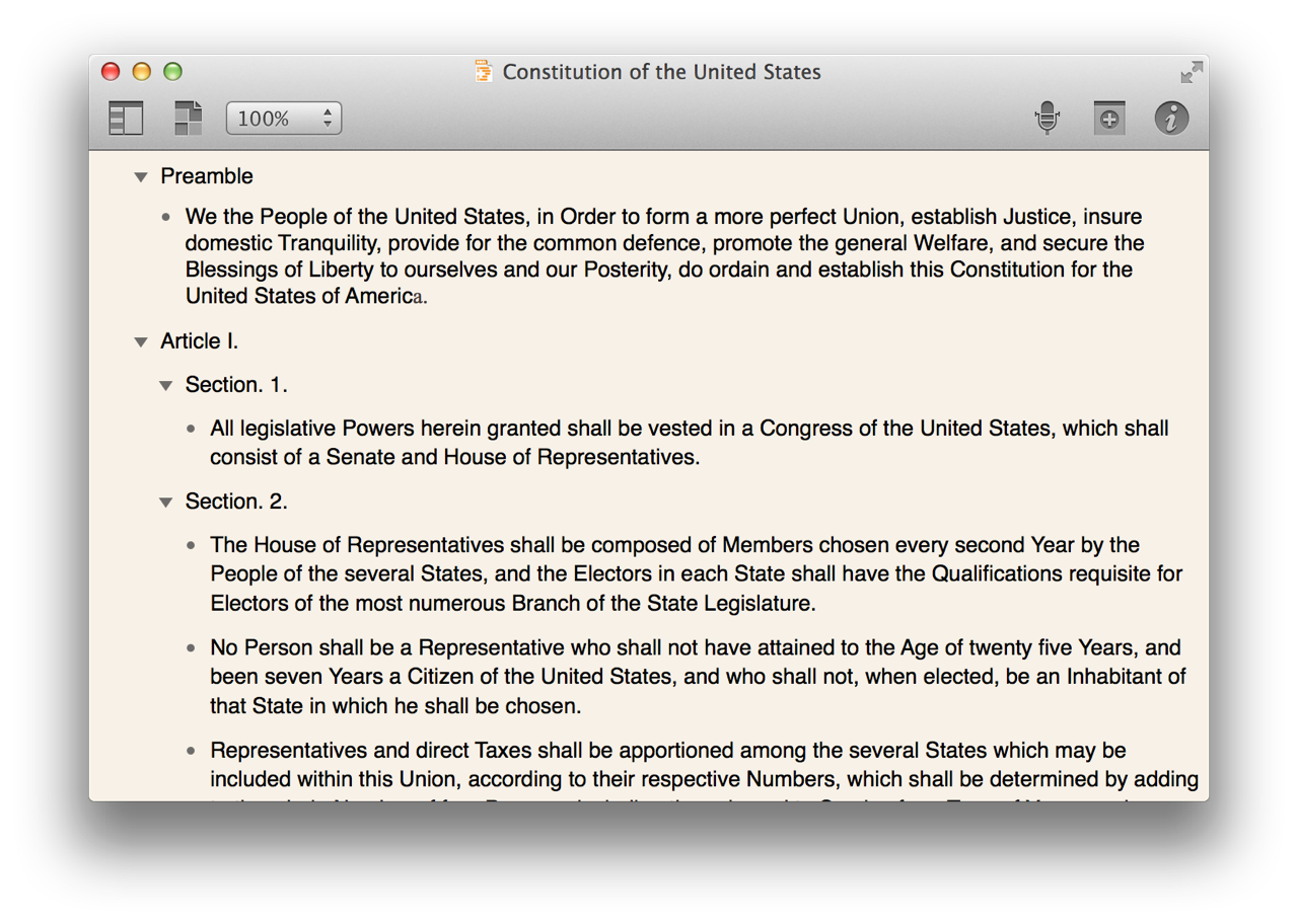 An Omni Outliner document containing the Constitution of the United States in outline format.